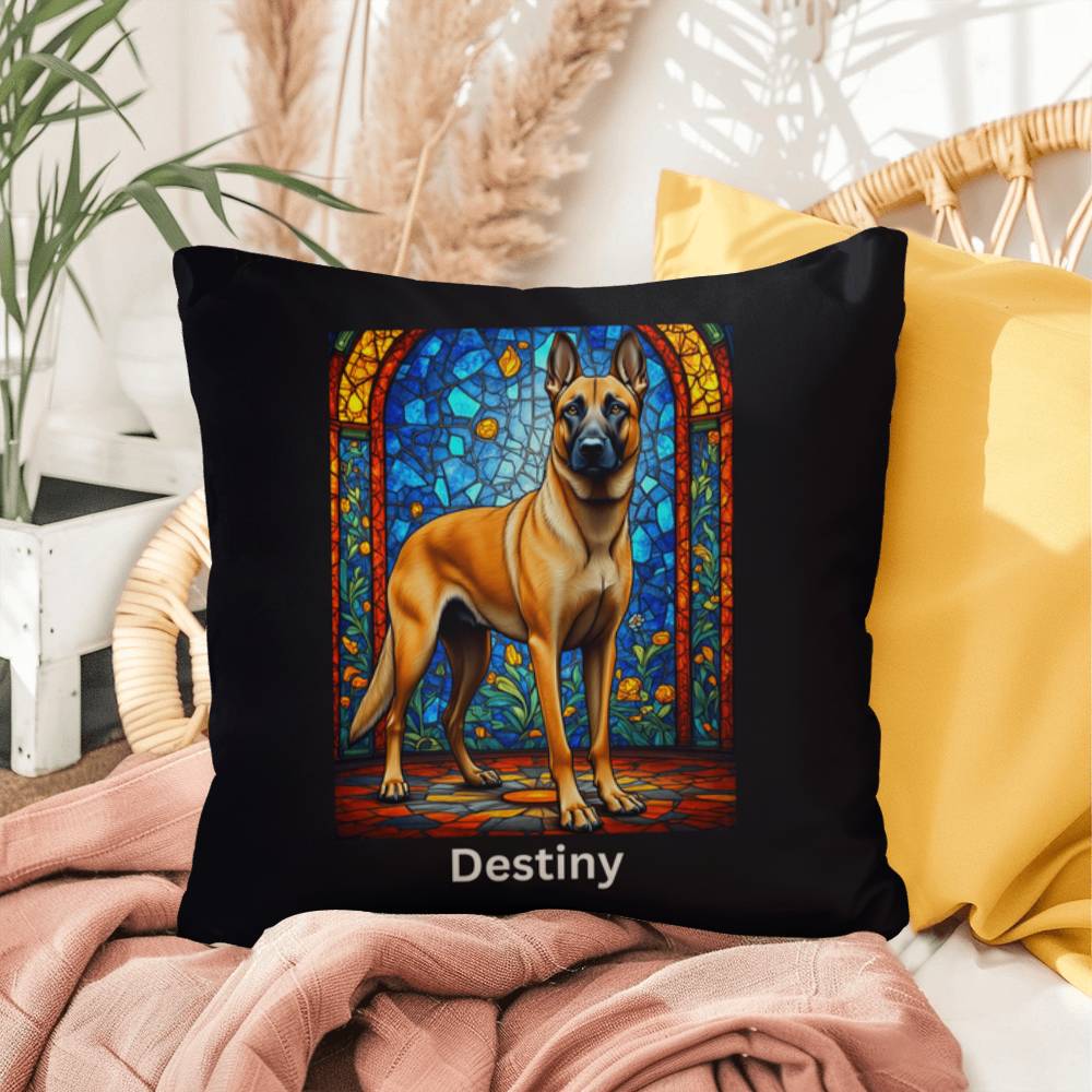 Belgian Malinois (Fawn) Indoor/Outdoor Pillow - Personalized Stained Glass Dog Tribute & Comfort Gift