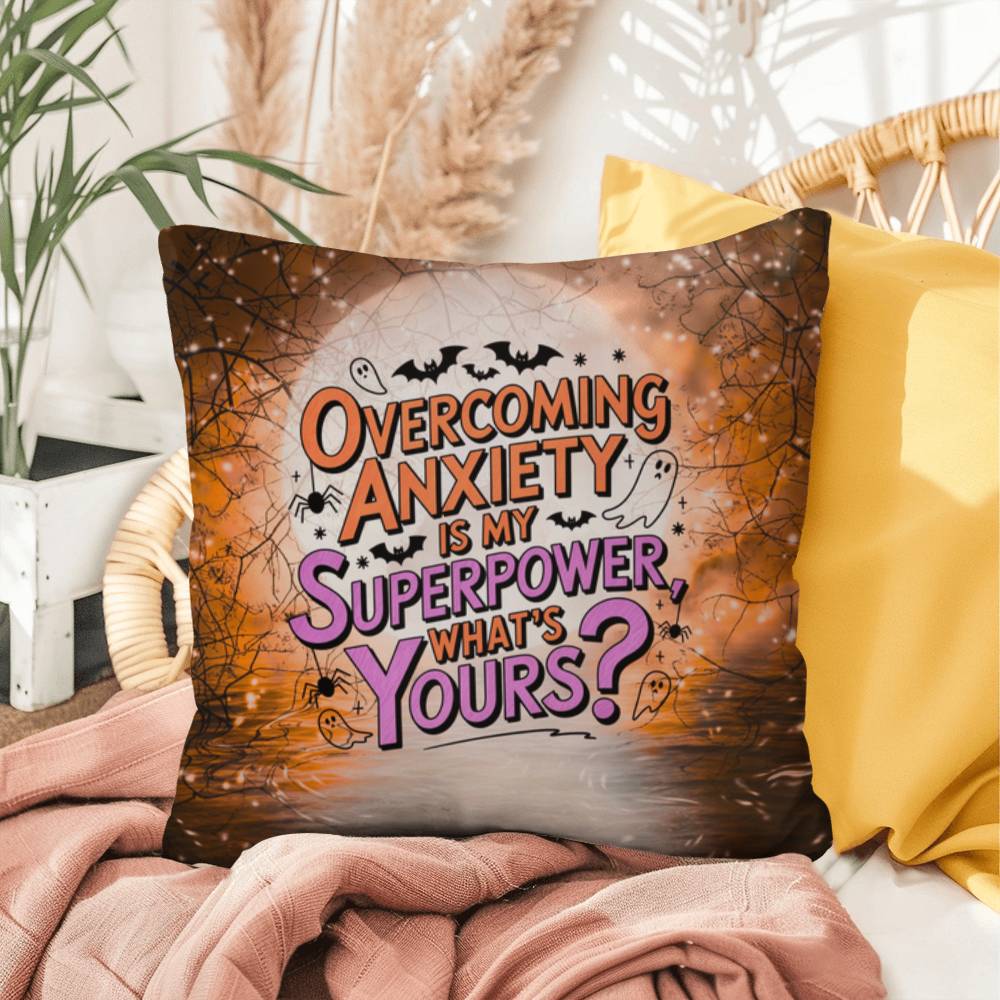 Indoor/outdoor pillow with “Overcoming Anxiety” to promote mental wellness