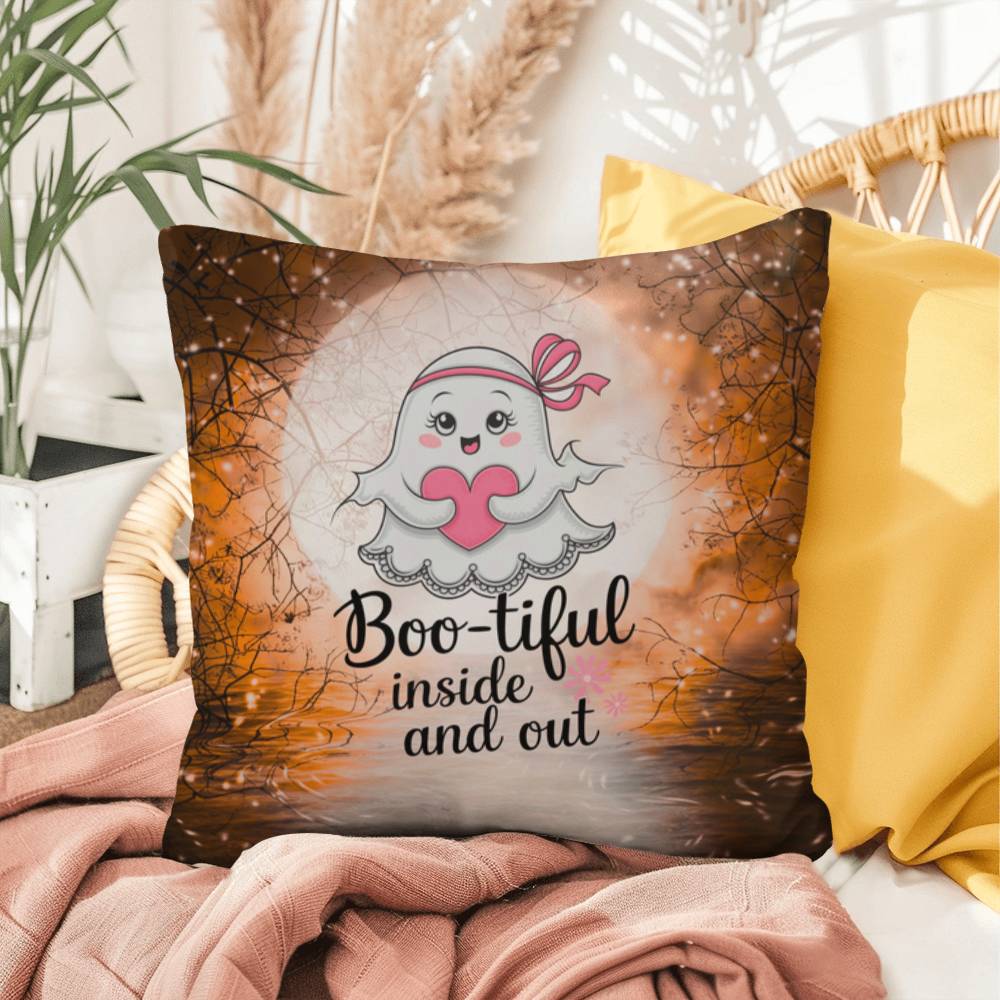Indoor/outdoor Halloween pillow with “Boo-tiful Inside & Out” promoting positivity and self-love