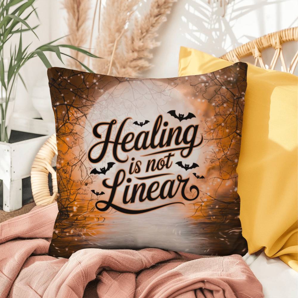 Mental health indoor/outdoor pillow with “Healing Is Not Linear” for self-care and positivity