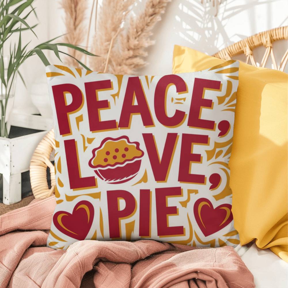Peace, Love, Pie throw pillow with colorful fall design and mindfulness quote for seasonal comfort