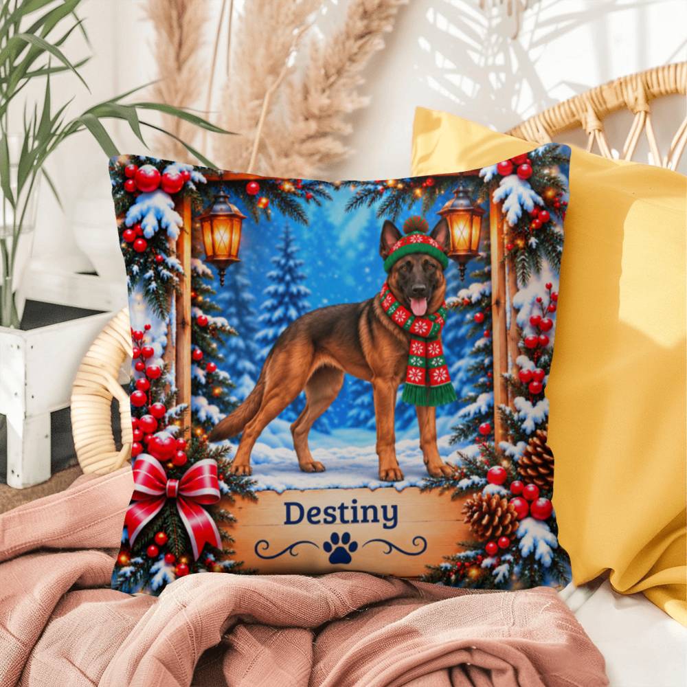 Belgian Malinois (Mahogany Sable Coat) - Personalized Winter Pillow, Custom Dog Name Gift