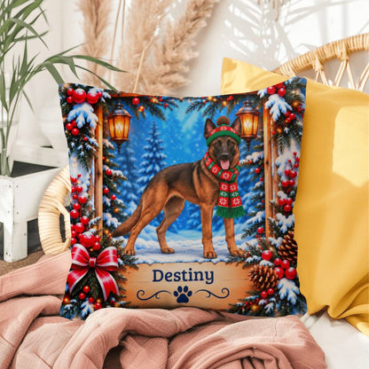 Belgian Malinois (Mahogany Sable Coat) - Personalized Winter Pillow, Custom Dog Name Gift