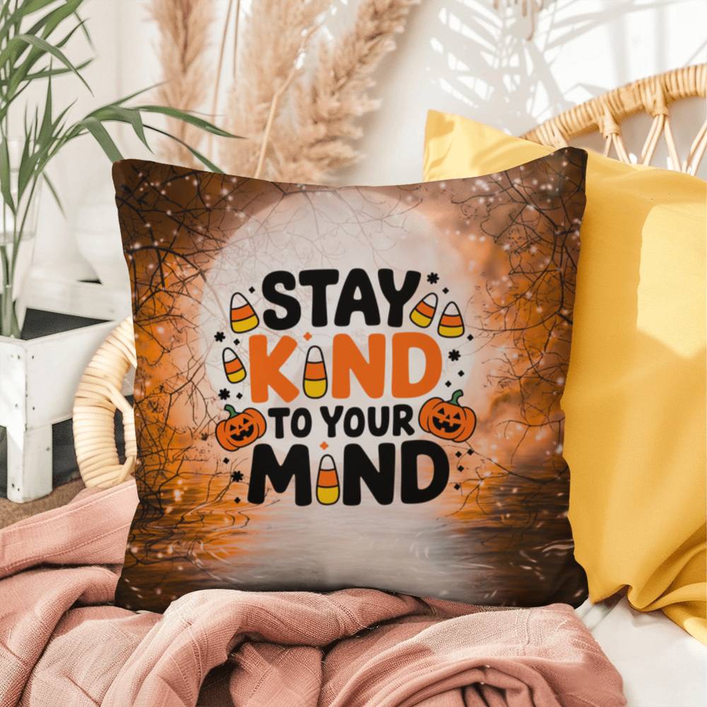 Indoor/outdoor throw pillow with “Stay Kind To Your Mind” promoting mental wellness