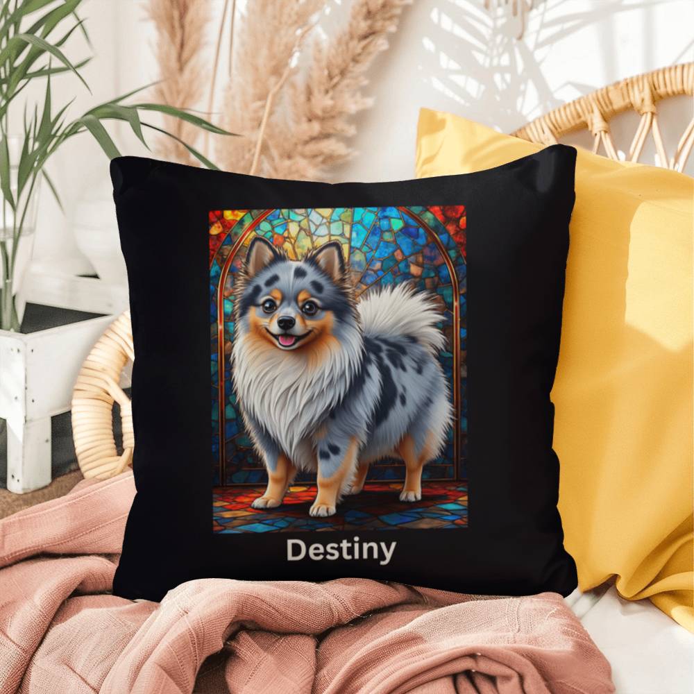 Pomeranian (Blue Merle) Indoor/Outdoor Pillow - Personalized Stained Glass Dog Tribute & Comfort Gift