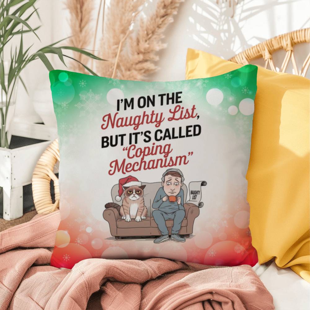 I’m on the Naughty List (Man and Cat) Throw Pillow - Christmas humor indoor decorative pillow