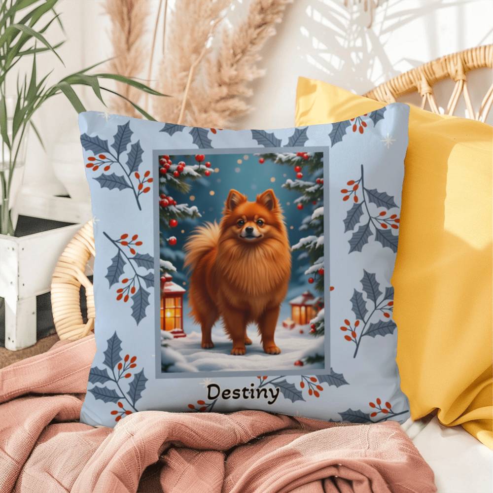 Pomeranian Red Pillow - Winter Pom throw pillow, indoor dog decor, festive home accent