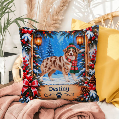 Australian Shepherd (Red Merle Tri, Amber Eyes) - Personalized Aussie Pillow, Winter Keepsake Gift