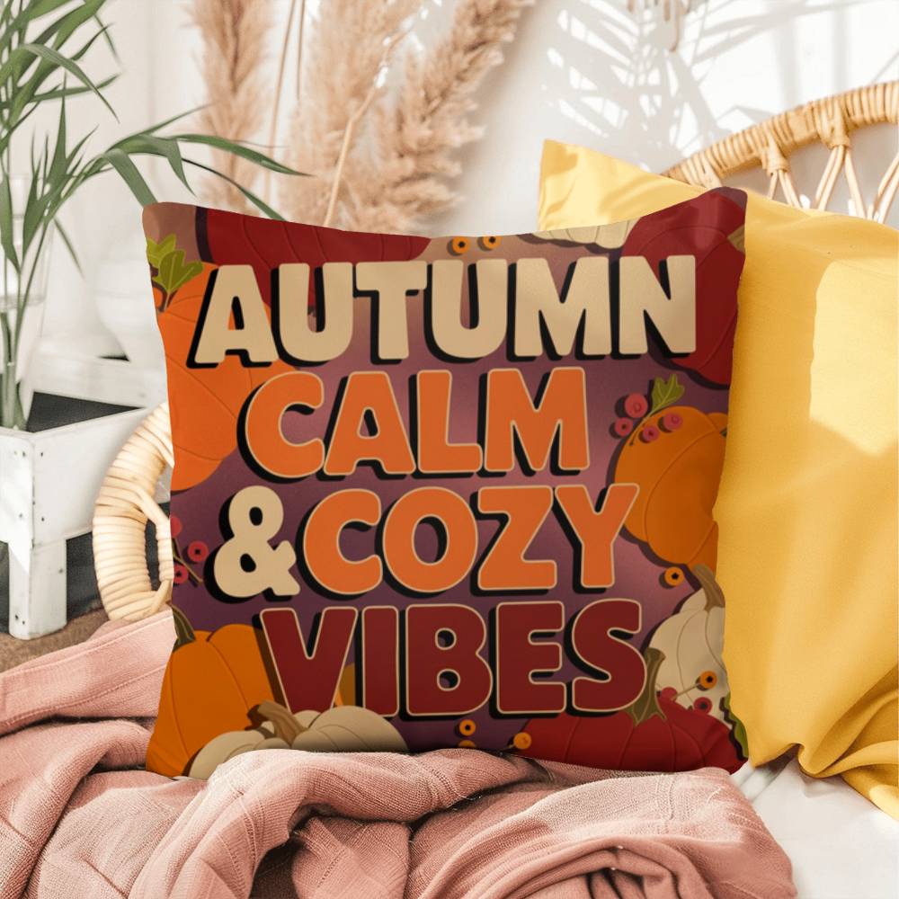 Autumn Calm & Cozy Vibes throw pillow in bright fall colors with mindful quote for Thanksgiving home décor
