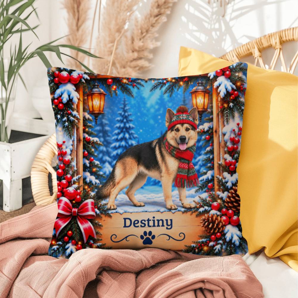 German Shepherd (Reverse Mask) - Personalized Winter Lodge Pillow, Custom Name Gift for GSD Fans