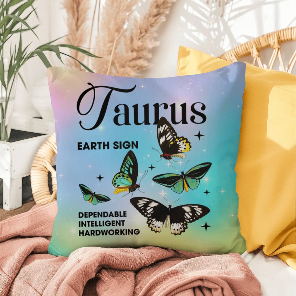 Taurus Butterfly Indoor/Outdoor Pillow – Zodiac Astrology Decor, Boho Accent for Home & Patio