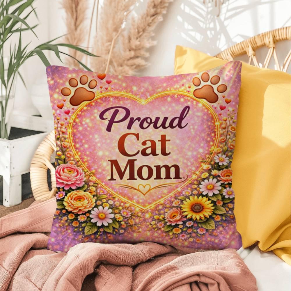 Shop our proud cat mom throw pillow featuring the 16" x 16" style option from MySisterIsASurvivor.