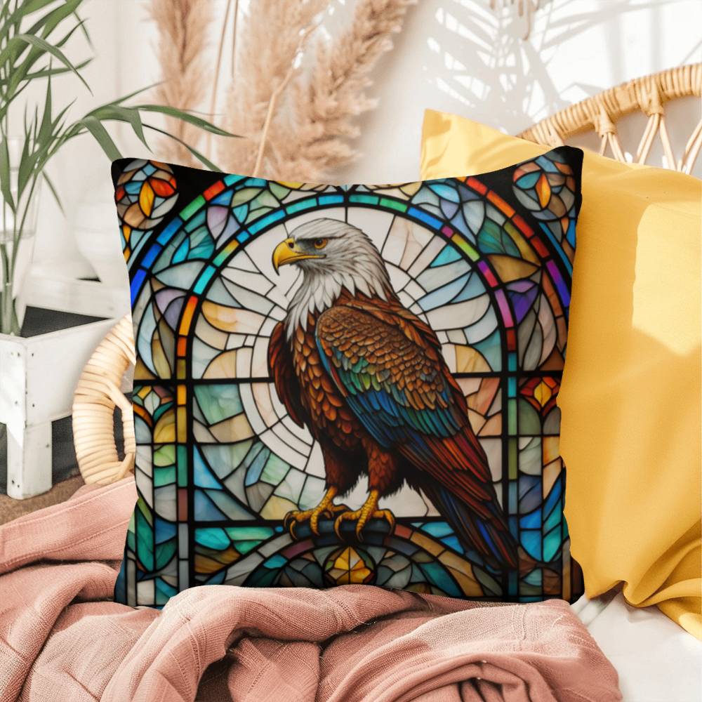 Eagle stained glass throw pillow, birds of prey wildlife decor, indoor outdoor home accent