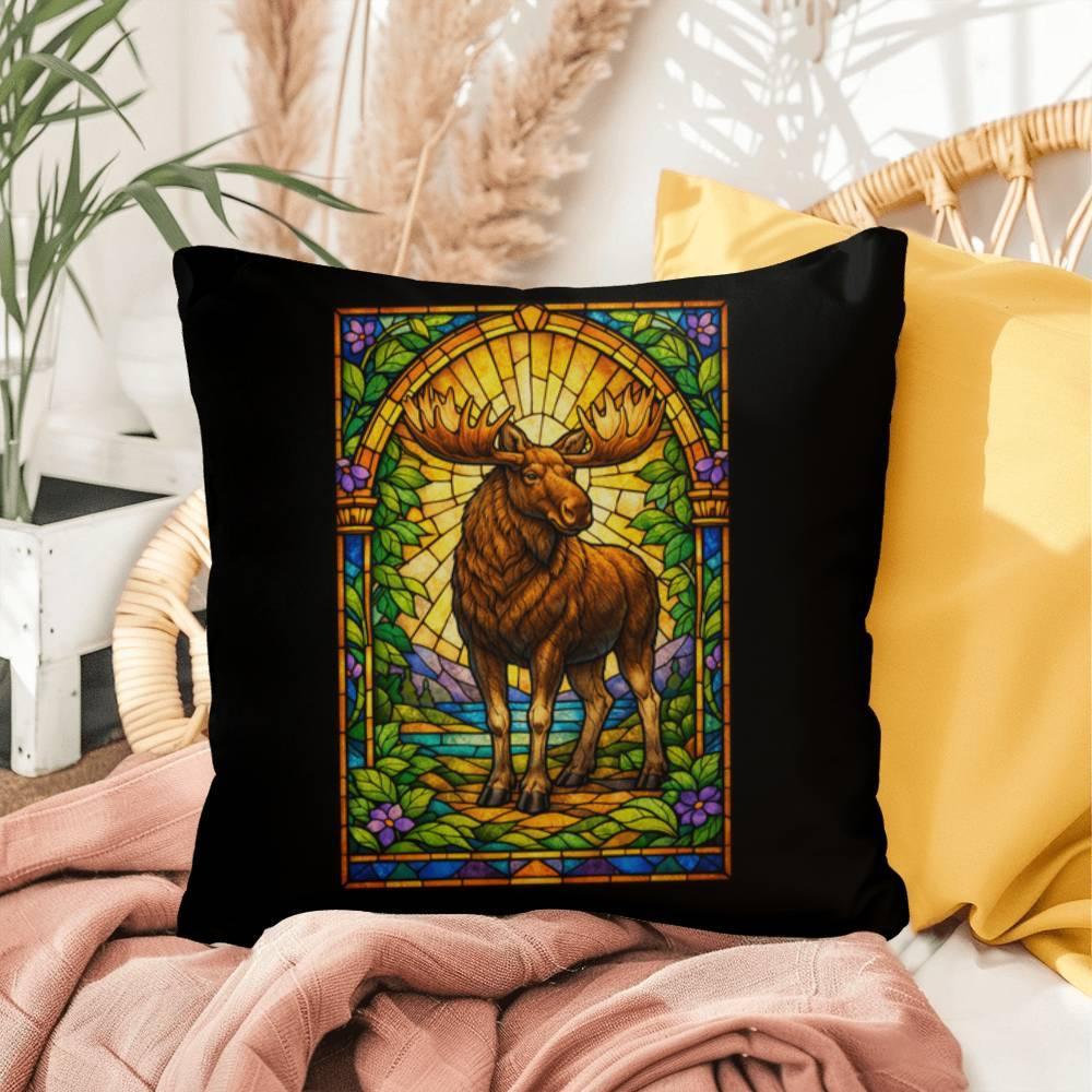 Shop our premium moose stained glass style throw pillow from MySisterIsASurvivor.
