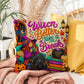 Witch Better Take A Break saying with witch themed self care artwork on a Halloween pillow