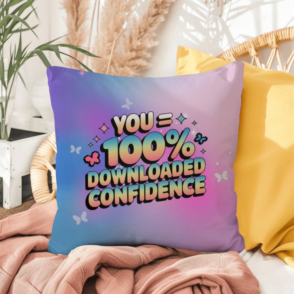"100% Downloaded Confidence" statement pillow with customizable Y2K design and sparkly digital visuals in a soothing palette
