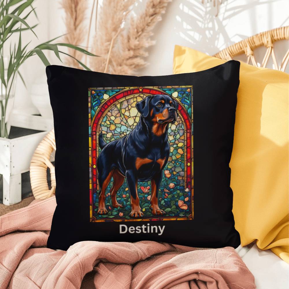 Rottweiler (Black and Mahogany) Indoor/Outdoor Pillow - Personalized Stained Glass Dog Tribute & Comfort Gift