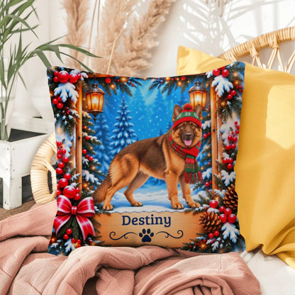 German Shepherd (Liver & Tan Coat) - Personalized Dog Name Pillow, Cozy Woodland Winter Decor