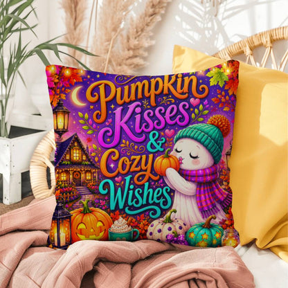 Pumpkin Kisses & Cozy Wishes saying with cute autumn artwork on a Halloween throw pillow