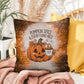 Halloween indoor/outdoor throw pillow with pumpkin spice theme for cozy fall décor