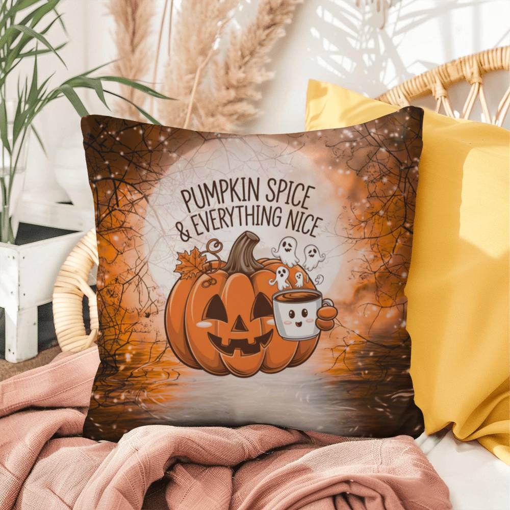 Halloween indoor/outdoor throw pillow with pumpkin spice theme for cozy fall décor