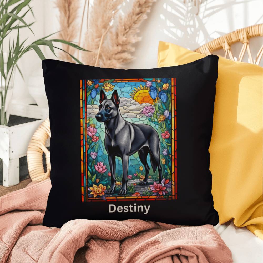 Belgian Malinois (Gray) Indoor/Outdoor Pillow - Personalized Stained Glass Dog Tribute & Comfort Gift
