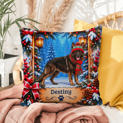 German Shepherd (Dark Sable Coat) - Personalized Woodland Name Pillow, Winter Gift for GSD Owners