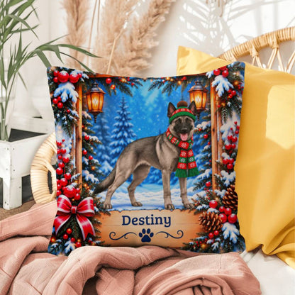 Belgian Malinois (Gray Sable Coat) - Personalized Winter Forest Pillow, Custom Dog Name Gift
