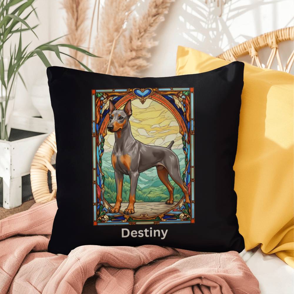 Doberman Pinscher (Fawn [Isabella] & Rust) Indoor/Outdoor Pillow - Personalized Stained Glass Dog Tribute & Comfort Gift