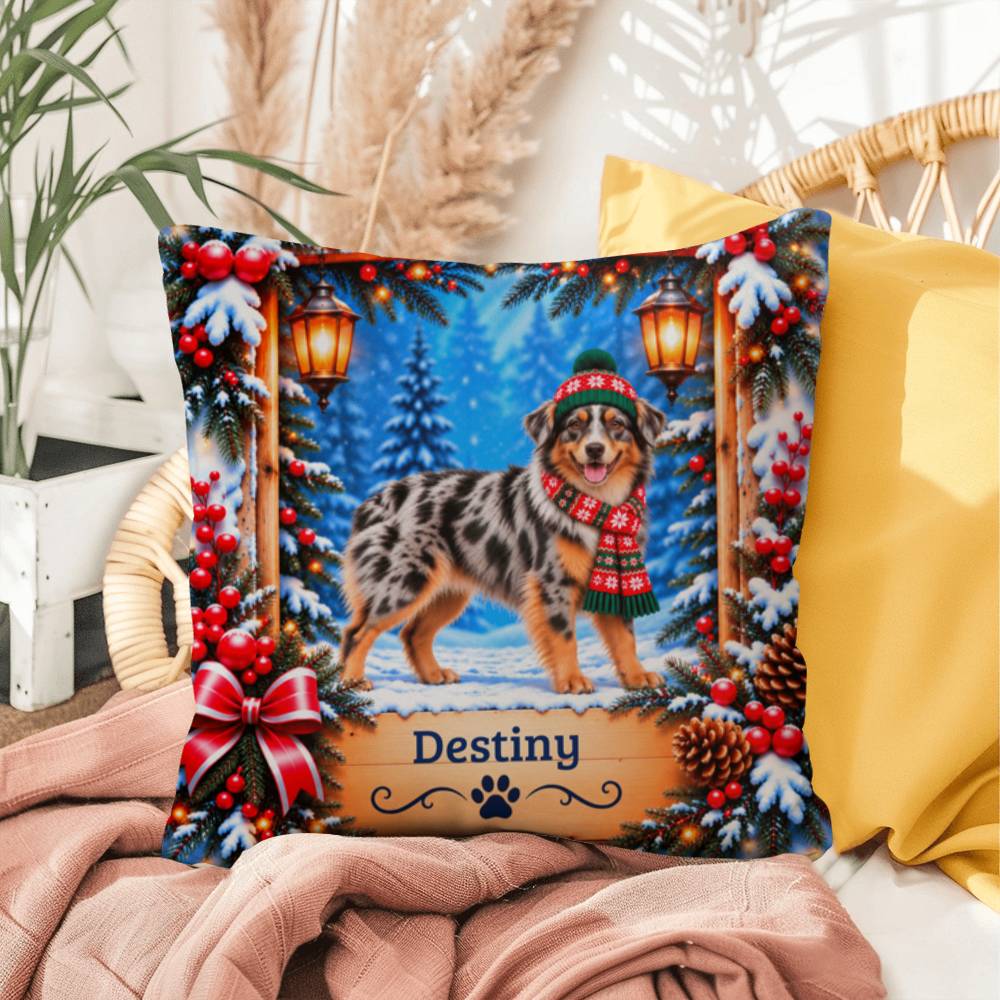 Australian Shepherd (Blue Merle & Copper Coat) - Personalized Aussie Pillow, Winter Cabin Gift