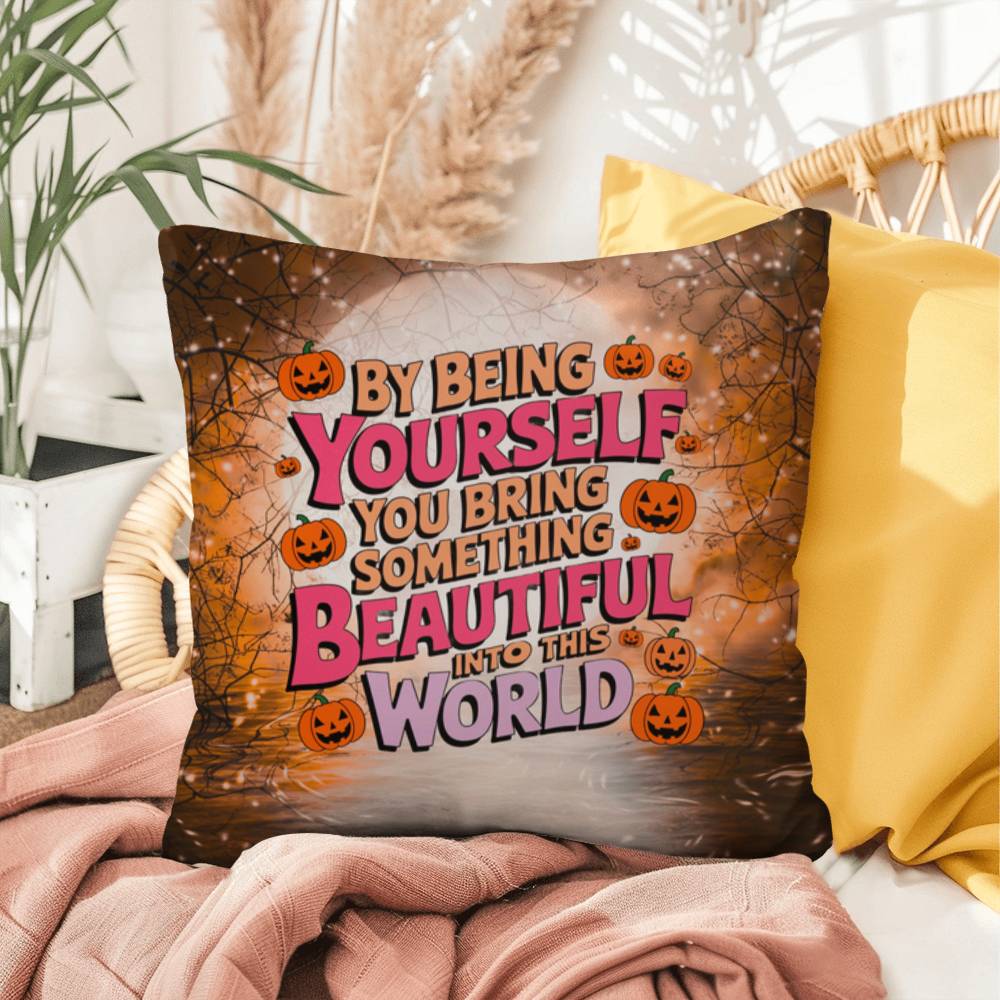 Inspirational indoor/outdoor throw pillow with “By Being Yourself” for mental health awareness