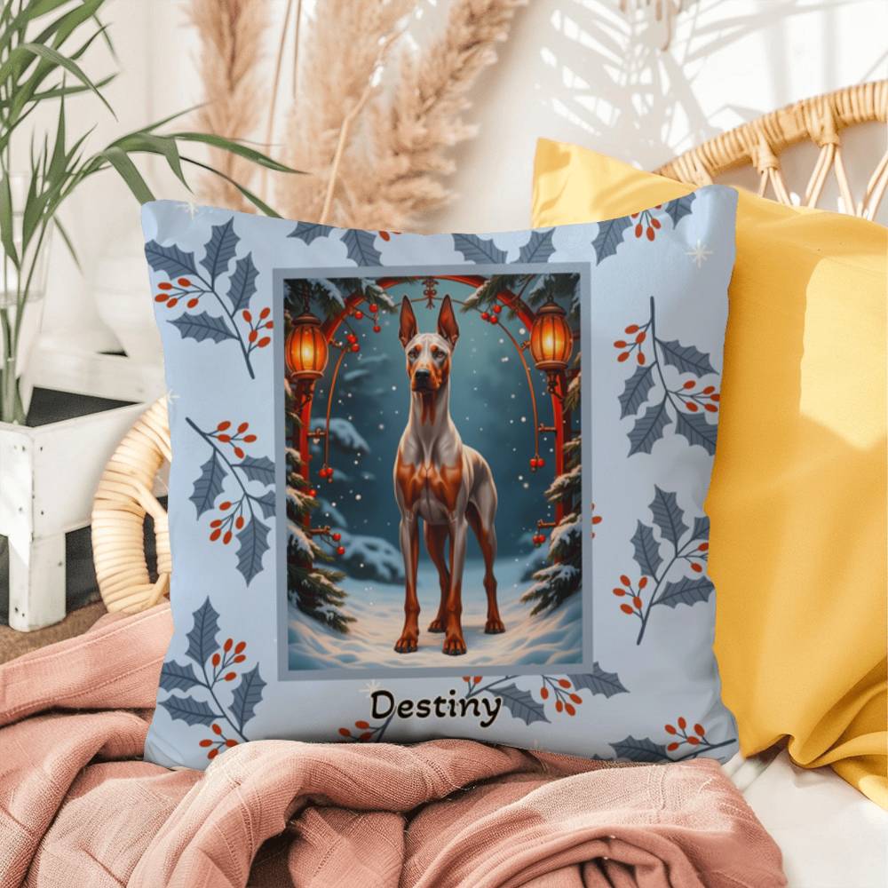 Doberman Fawn & Rust Pillow - Seasonal Doberman dog pillow, winter home accent, personalized holiday throw