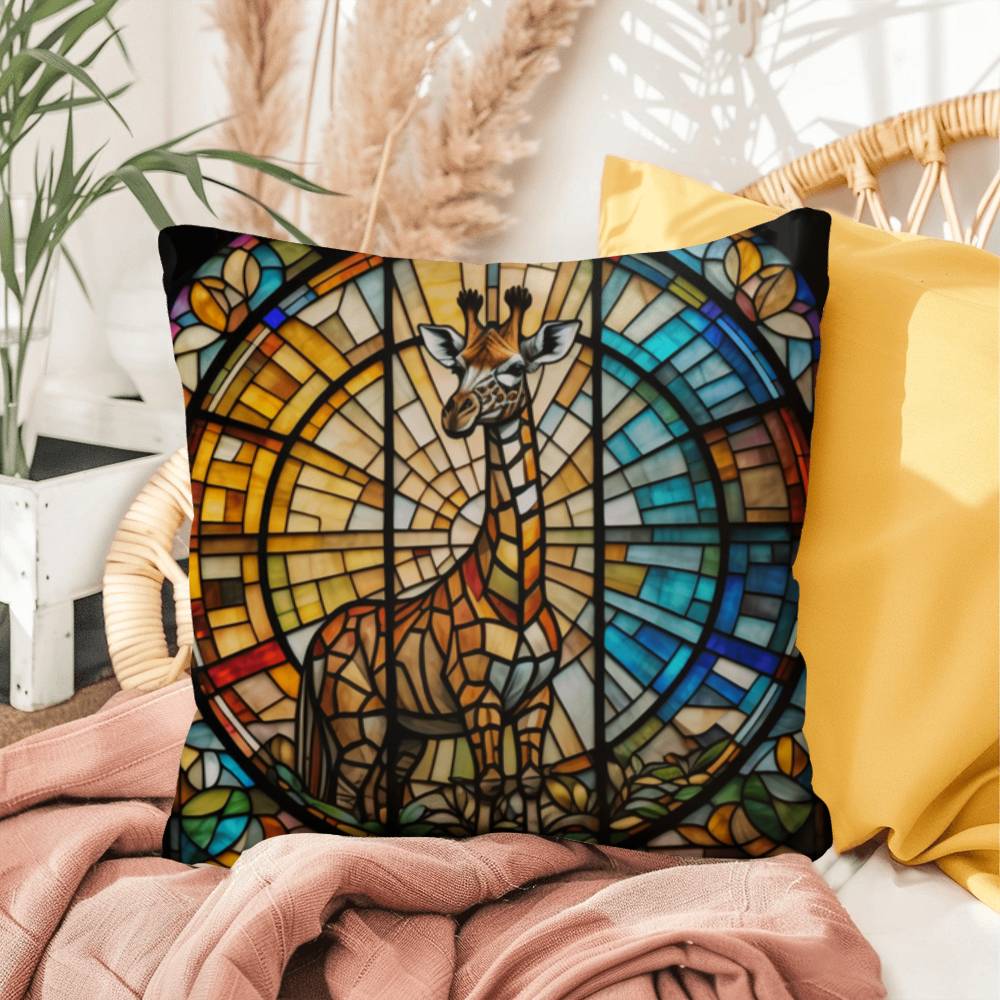 Giraffe stained glass throw pillow, jungle animal wildlife decor, indoor outdoor home accent