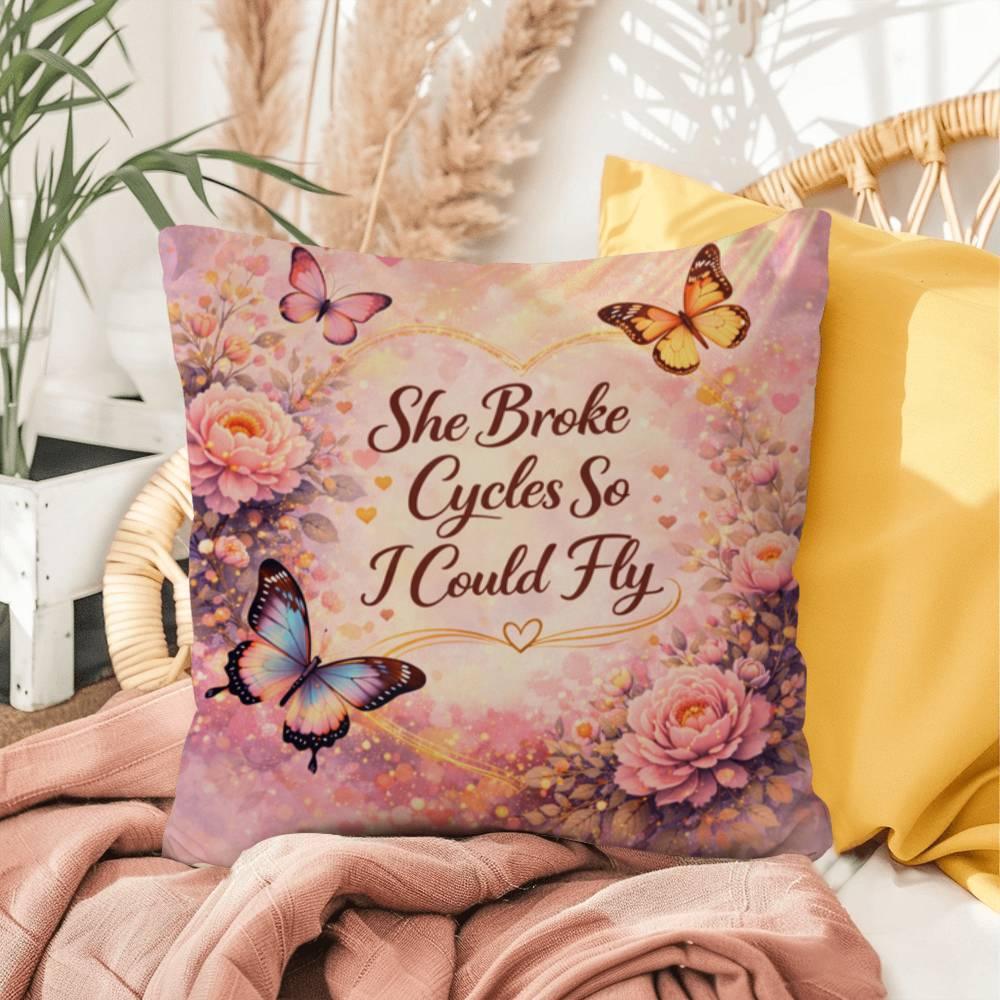 Shop our she broke cycles so i could fly throw pillow featuring the 16" x 16" style option from MySisterIsASurvivor.