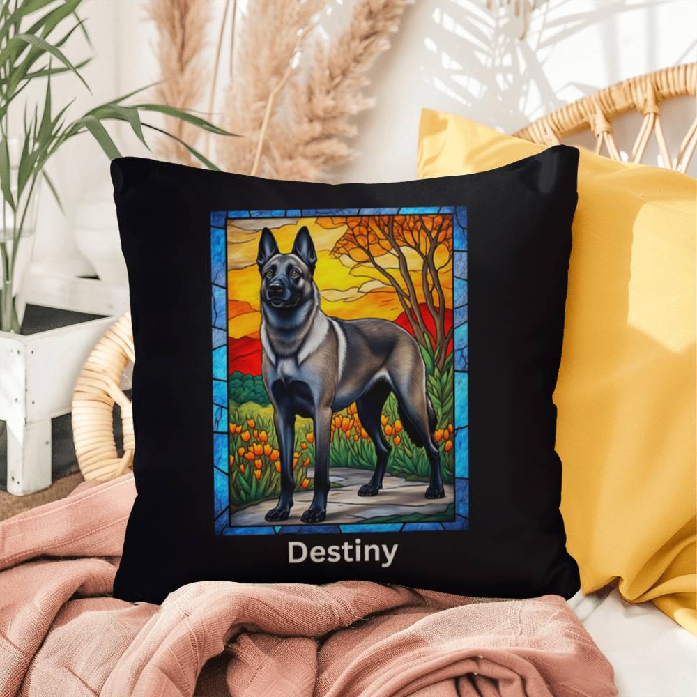 Belgian Malinois (Gray Sable) Indoor/Outdoor Pillow - Personalized Stained Glass Dog Tribute & Comfort Gift