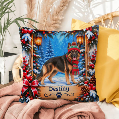 German Shepherd (Bi-Color Coat) - Personalized Winter Lodge Cushion, Custom Dog Name Throw Pillow