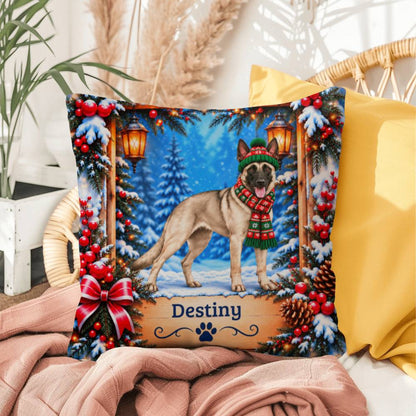 Belgian Malinois (Cream Sable Coat) - Personalized Winter Woodland Pillow, Custom Dog Name Gift