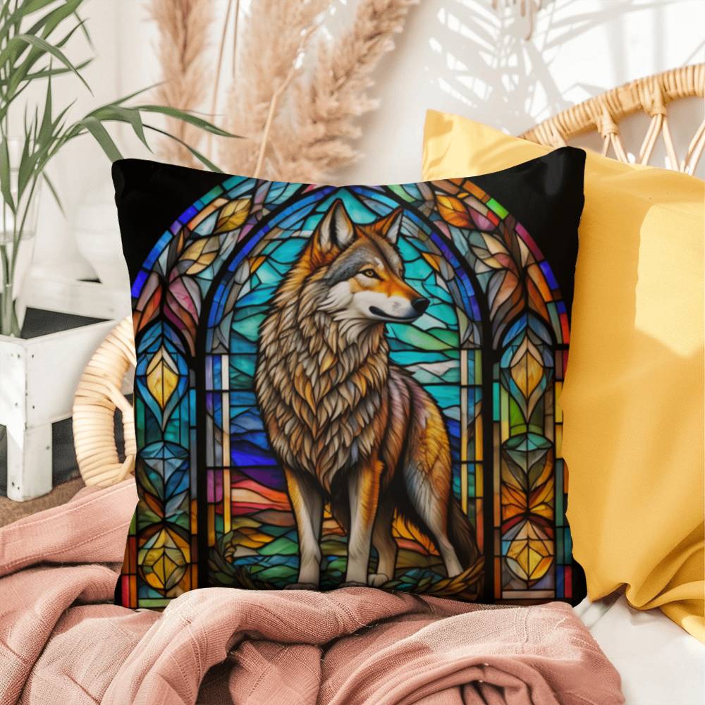 Wolf stained glass throw pillow, forest wildlife decor, indoor outdoor cozy home accent