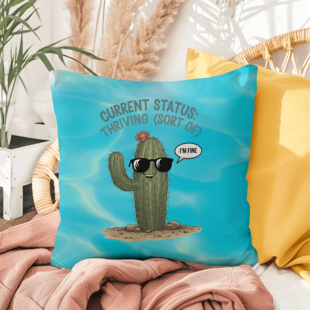 "Current Status: Thriving (Sort Of)" indoor/outdoor pillow, mental health support cushion for anxiety relief and relaxation.