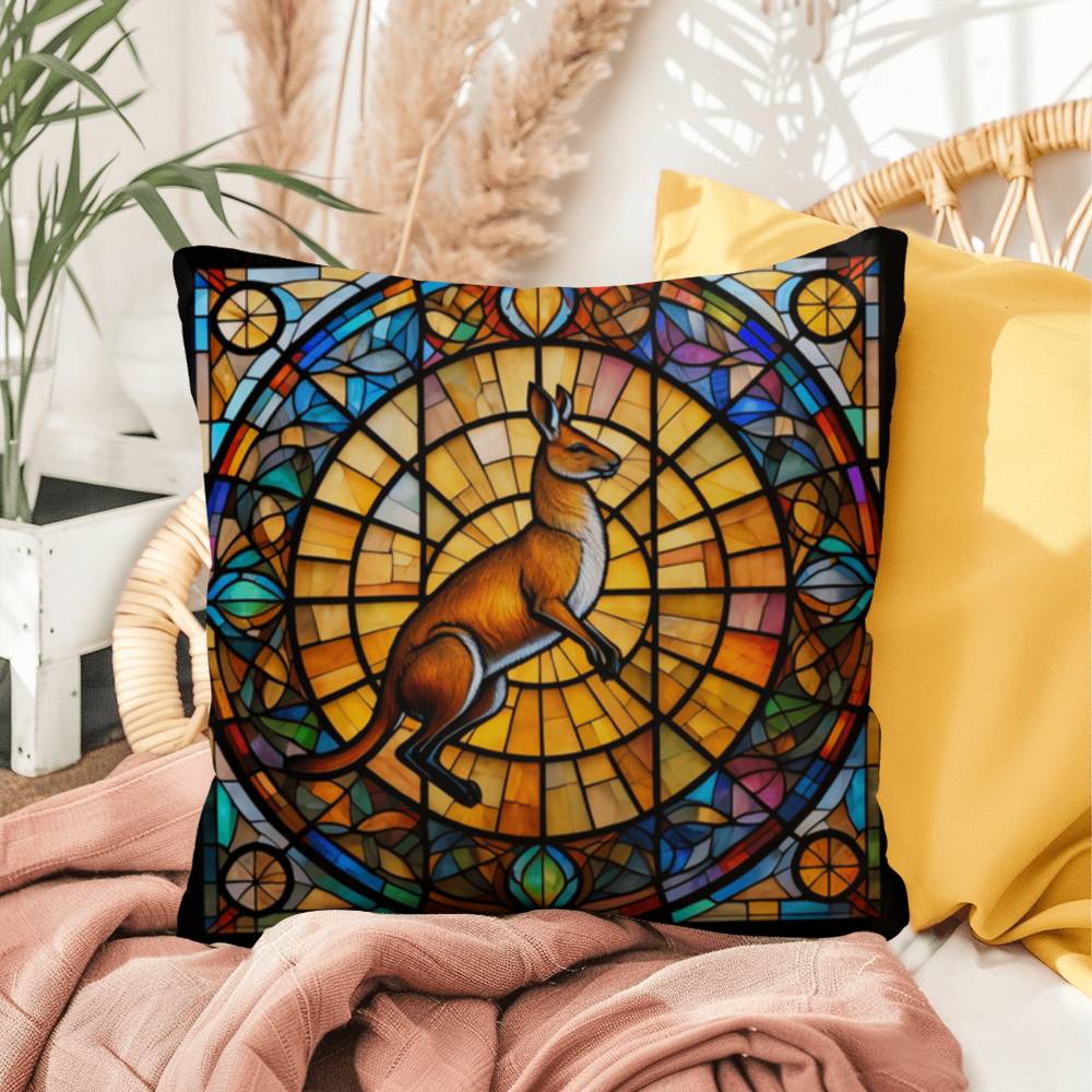 Kangaroo stained glass throw pillow, wildlife animal home decor, indoor outdoor accent pillow