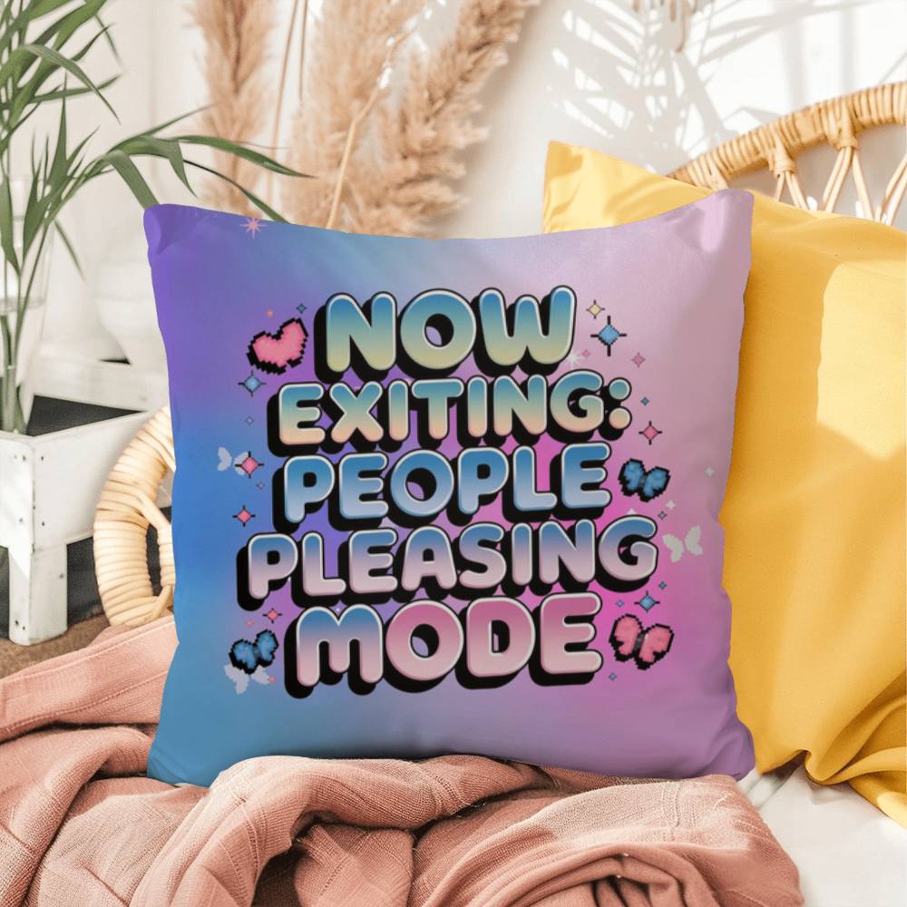 Custom Y2K pillow featuring "Now Exiting: People Pleasing Mode" in retro digital font with sparkles and butterflies on a bright white backdrop