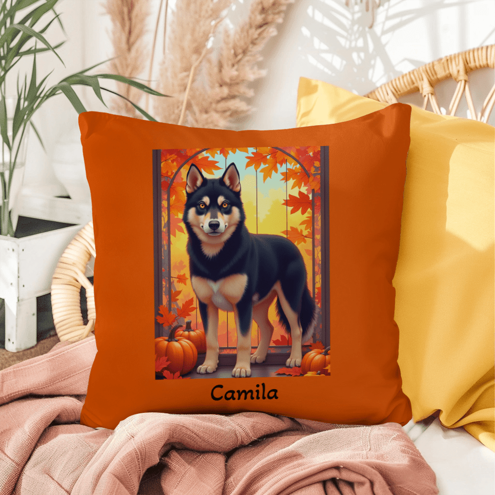 Siberian Husky Black & Tan Coat (Amber Eyes) Pillow, Indoor Outdoor Dog Cushion, Custom Gift