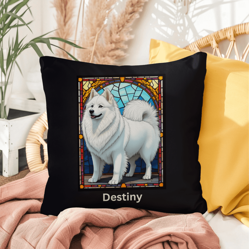 American Eskimo Stained Glass Pillow, personalized home and patio décor for dog lovers