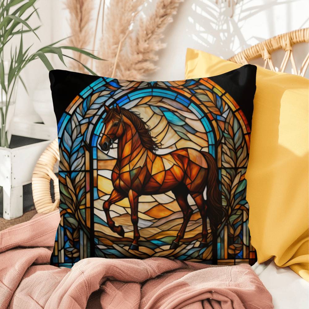 Horse stained glass throw pillow, equestrian animal decor, indoor outdoor cozy home accent