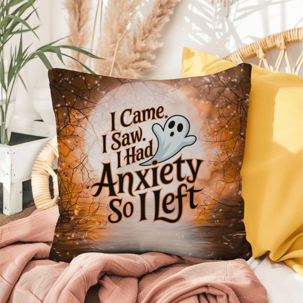 Funny Halloween indoor/outdoor pillow with “I Came. I Saw. I Left.” for seasonal humor