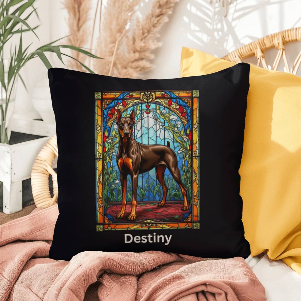 Doberman Pinscher (Brown & Rust) Indoor/Outdoor Pillow - Personalized Stained Glass Dog Tribute & Comfort Gift