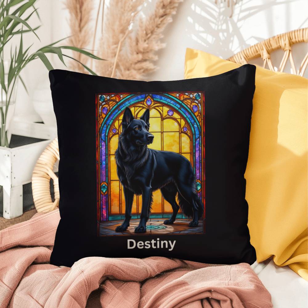 German Shepherd (Black) Indoor/Outdoor Pillow - Personalized Stained Glass Dog Tribute & Comfort Gift