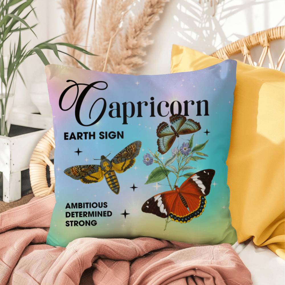 Capricorn Butterfly Indoor/Outdoor Pillow – Zodiac Astrology Decor, Boho Accent for Home & Patio
