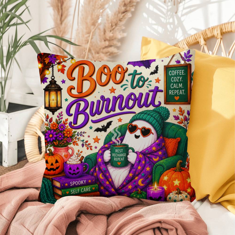 Boo To Burnout Halloween Throw Pillow - Coffee Cozy Calm Repeat Ghost Pillow