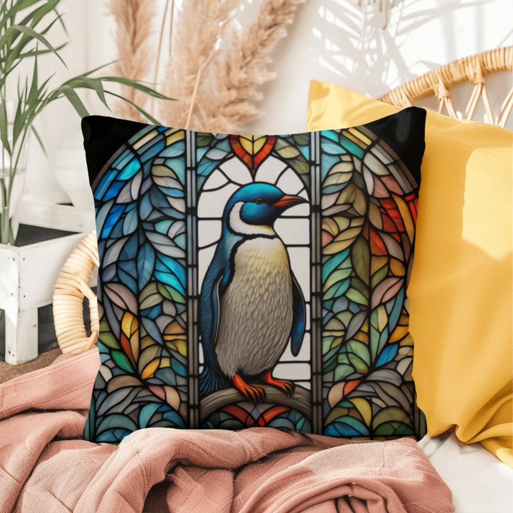 Penguin stained glass throw pillow, Arctic wildlife decor, indoor outdoor accent pillow